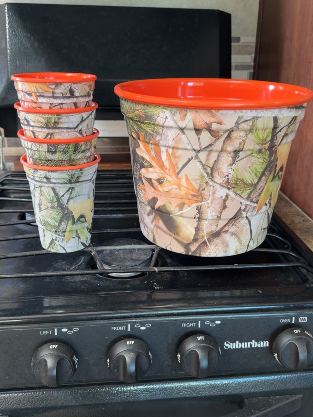 Camo Camping Cups and Bucket Set with Orange Rim